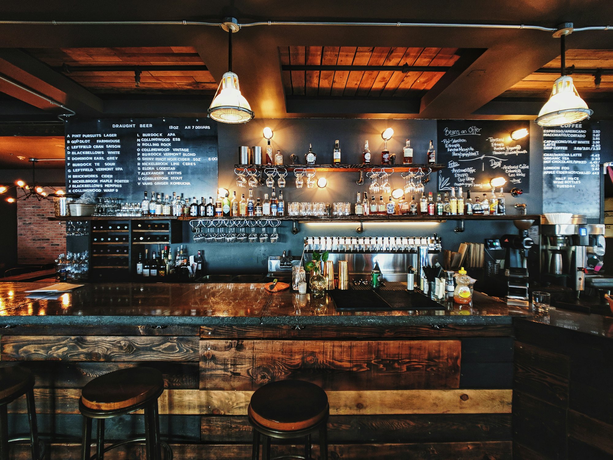 The pub bar with a wide selection of drinks